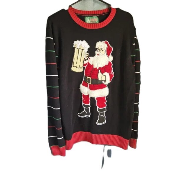 4. Ugly Christmas Sweater Black & Red Crewneck with Santa Holding a Beer Mug -XL - Picture 1 of 6